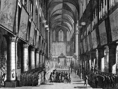 Den Franske Revolution: Velsignelse af Nationalgardens flag af Monsignor Juigne i Notre Dame-kirken den 27. september af Jean Louis II (after) Prieur