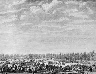 Fransk revolution: Gilbert du Motier, Marquis de la Fayette (1757-1834) fik to hundrede soldater afvæbnet på grund af indisciplin på Champs Elysees i Paris den 12. januar 1790. Indgravering af Berthaut efter Prior. Paris, biblioteket ved Institut for Histo af Jean Louis II (after) Prieur