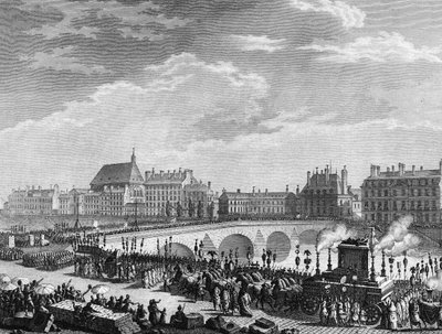 Fransk revolution: Triumf for Francois Marie Arouet dit Voltaire (1694-1778) den 11. juli 1791 (funebre-tanken med resterne af Voltaire har sin passage på Kongebroen). Stik af Berthaut efter Prior. Paris, Bibliotek for Institut for Historie af Jean Louis II (after) Prieur