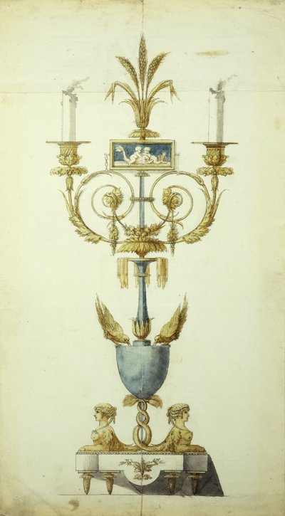 Design til en forgyldt bronze og emalje kandelaber (pen og blæk med w/c på papir) af Jean Louis the Younger Prieur