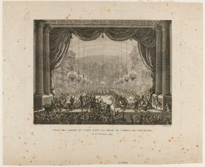 Fest for livvagterne, Flanderns regimenter, Montmorency-dragoner og Nationalgarden i Versailles. Når de tramper den nationale kokarde frem, viser de den sorte kokarde, et tegn på det "aristokratiske forbund" af Jean Louis the Younger Prieur
