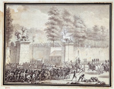 Fransk revolution: "" Monsieur de Lambesc på vej ind i Tuilerierne med en afdeling fra det kongelige tyske regiment den 12. juli 1789"" Tegning med blæk og vask af Jean-Louis Prieur (1759-1795) af Jean Louis the Younger Prieur