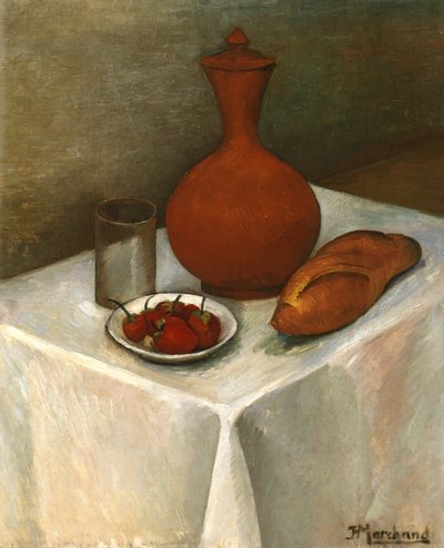 Stilleben med lertøjskande, brød og jordbær af Jean Marchand