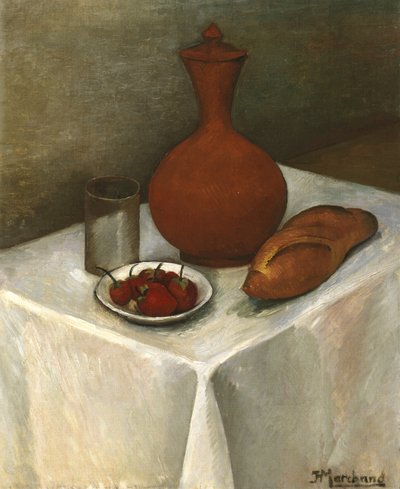 Stilleben med lertøjskande, brød og jordbær af Jean Marchand