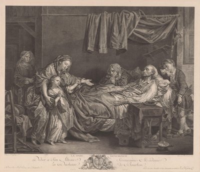 Familie omkring en syge seng La Dame Bienfaisante (titel på objektet) af Jean Massard