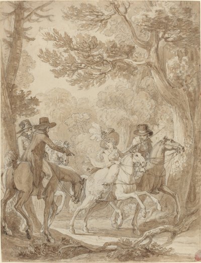 Dame og herrer rider i en park af Jean Michel Moreau