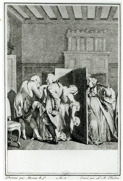 Baronen... hilste Candide med nogle bemærkelsesværdige spark på ridebuksen og drev ham ud af dørene, illustration fra kapitel 1 af Candide af Francois Voltaire (1694-1778) indgraveret af Louis Michel Halbou ( af Jean Michel the Younger Moreau