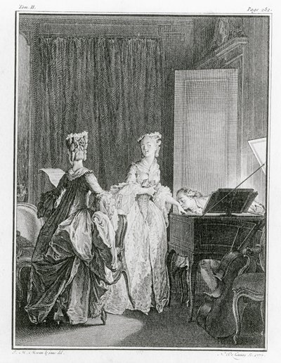 Cembalo, illustration fra "La Nouvelle-Heloise" af Jean-Jacques Rousseau (1712-78), graveret af Noel Le Mire (1724-1800) (se også 208105) af Jean Michel the Younger Moreau