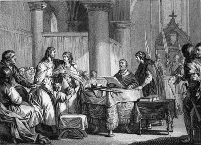 Abdikation af Carloman (ca. 715-754), borgmester for paladset i Austrasien, til fordel for hans bror, Pepin III dit Pepin le Brief (714-768), 747. Gravering af Jean Michel Moreau, dit Moreau le Jeune ( 1741-1814) af Jean Michel the Younger Moreau