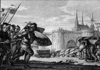 Armee viking angriber Saint Germain des Pres (Saint-Germain-des-Pres) og hans kloster. 9. århundrede (regne af Charles II den Skaldede). Gravering af Jean Michel Moreau, dit Moreau le Jeune (1741-1814) af Jean Michel the Younger Moreau