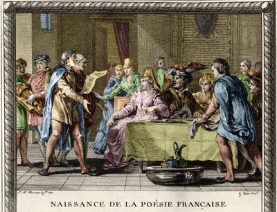 Fødsel af fransk poesi: Troubadourer, efterfulgt af jonglører og ménétiere, reciterer de første digte på fransk under festlighederne blandt de adelige i det 12. århundrede. Stik af Moreau le Jeune af Jean Michel the Younger Moreau