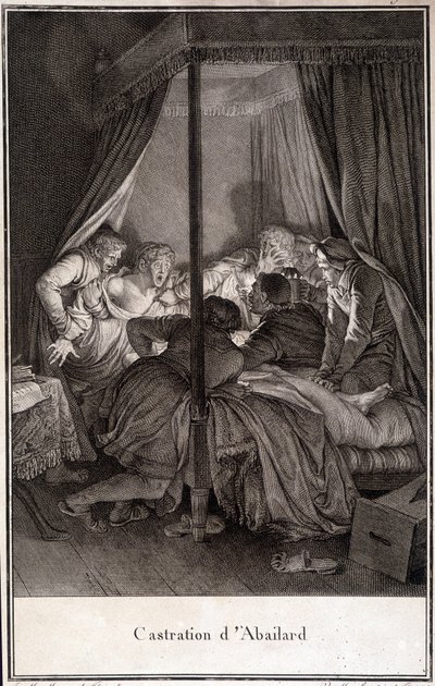 Kastrering af Pierre Abélard eller Pierre Abailard Fransk filosof og teolog (1079 til 1142). gravering af Moreau. af Jean Michel the Younger Moreau