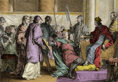Erispoe (død 857), konge af Bretagne (Herispogius - Hervspogius - Respogius) modtog rigets smykker fra Charles II den Skaldedes hænder (823-877), 851. Gravering af Jean Michel Moreau, dit Moreau le Jeune (1741) - 1814) af Jean Michel the Younger Moreau