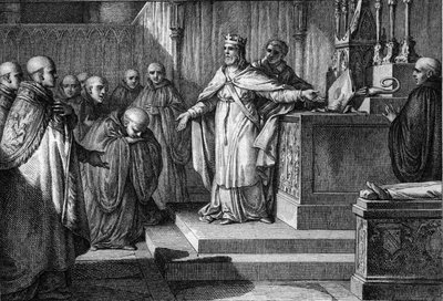 Hugues Capet (941-996) genindførte de kanoniske valg: Frankernes konge tillod munkene at vælge deres abbeder ved at placere et kors og en mitre på et alter. Gravering af Jean Michel Moreau, dit Moreau le Jeune (1741-1814) af Jean Michel the Younger Moreau