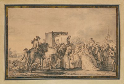 Marie Antoinette, der forlader sin vogn og omgivet af sin kortege, trøster en bonde, 1773 af Jean Michel the Younger Moreau