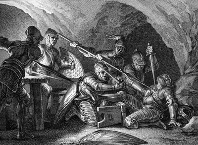 Hertugdømmet Aquitaines møde til kronen: Mordet på Waifre (eller Gaifier), hertugen af Aquitaine (767 eller 768). Stik af Romanet efter Moreau le jeune (1779). af Jean Michel the Younger Moreau
