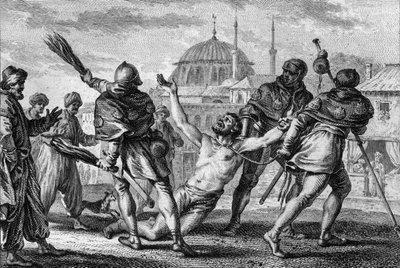 Nerra hønsehøns (972/987-1040), greve af Anjou, pilgrimsfærd i Jerusalem. Han bliver slæbt nøgen, et reb bundet til halsen, i byens gader, mens en af hans væbnere pisker ham med meter og beder om nåde fra Gud. 11. århundrede. Stik af Jean Mich af Jean Michel the Younger Moreau
