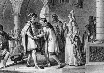 Filip I (1052-1108), frankernes konge, besøger greven af Anjous hof, Foulques le Rechin (1042-1109). Denne rejse er et påskud for at arrangere sit ægteskab med Bertrade de Montfort (omkring 1070-1118), grevs hustru. 1095. Stik af Jean Mich af Jean Michel the Younger Moreau