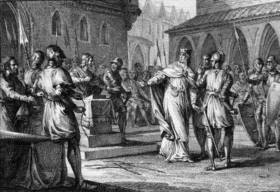 Opstand mod Charles III den Enfoldige af herrerne ledet af Robert (865-923), der blev konge af Frankrig i 922 som Robert I, Soissons 920 (gravering) af Jean Michel the Younger Moreau