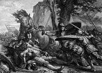 Roland døde under slaget ved Roncesvaux mellem Charlemagnes og saracenernes hær. 778. Stik af Jean Michel Moreau, dit Moreau le Jeune (1741- 1814) af Jean Michel the Younger Moreau