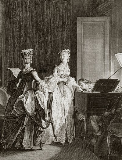 Saint Preux og Claire ved cembalo i "" Julie ou la nouvelle Heloise"" af den schweiziske filosof Jean Jacques (Jean-Jacques) Rousseau (1712-1778) - gravering af Moreau le jeune, Jean Michel (1741-1814) (Saint) -Preux, slår sig ned ved cembalo, kys af Jean Michel the Younger Moreau