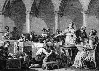 Deling af Tresors af Dagobert I (602/605-638), Konge af Francs, efter hans død, under kontrol af de to borgmestre i Pepin Palace of Landen og Aega. Gravering af Jean Michel Moreau, dit Moreau le Jeune (1741-1814) af Jean Michel the Younger Moreau