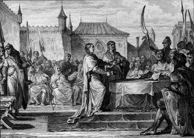 Succession af Pepin the Brief, 768: en forsamling besluttede at dele kongeriget mellem hans to sønner, Karl den Store (747-814) og Carloman (ca. 751-771), og dermed nedbryde de arrangementer, som Pepin the Brief havde lavet. Stik af Jean Michel Moreau, dit af Jean Michel the Younger Moreau