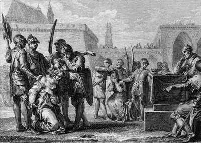 Thierry III (651-691), konge af frankerne, og Ebroin (død 681), borgmester i Neustria-paladset, blev slået af befolkningen, fjendtlige over for de to mænd. 669. Stik af Jean Michel Moreau, dit Moreau le Jeune (1741- 1814) af Jean Michel the Younger Moreau