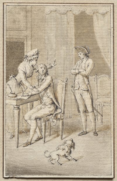 Tre figurer med en hund af Jean Michel the Younger Moreau