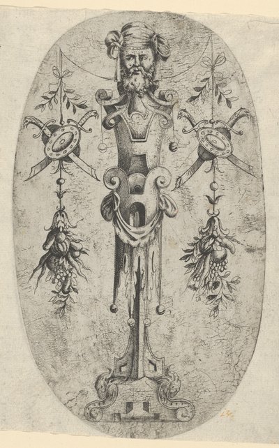 Mandlig endefigur, hoved med skæg og turban på en trekvart remspindel..., ca. 1543-45. af Jean Mignon