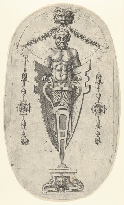 Mandlig terminalfigur, torso med skæg og turban på en halvlang piedestal lukket ..., ca. 1543. af Jean Mignon