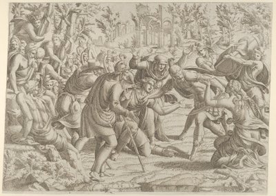 Den forræderiske Sinon bragt ind i Trajans lejr af hyrderne, 1535-55. af Jean Mignon