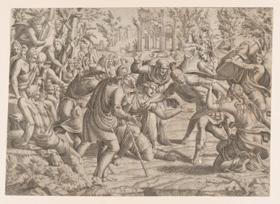 Den forræderiske sinon bragt ind i trojanernes lejr af hyrderne, 1535-55. af Jean Mignon