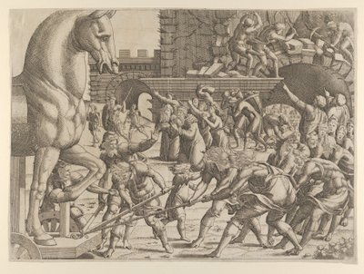 Trojanerne bringer træhesten ind i deres by, 1535-55. af Jean Mignon