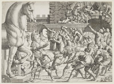 Trojanerne bringer træhesten ind i deres by af Jean Mignon