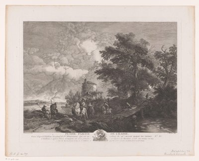 Jagtgruppe i et landskab med en bro Petite Partie de Chasse (titel på objekt) Tryk efter malerier af Philips Wouwerman (serietitel) Oeuvres de Ph.pe Wouwermans Hollandois (serietitel) af Jean Moyreau