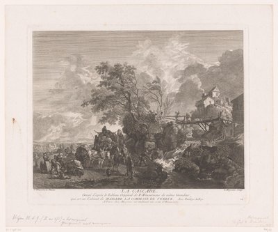 Landskab med rejsende ved et vandfald La cascade (titel på objekt) Tryk efter malerier af Philips Wouwerman (serietitel) Oeuvres de Ph.pe Wouwermans Hollandois (serietitel) af Jean Moyreau