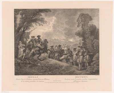 Procession med soldater på vej til en by Défillé - Decursus (titel på objekt) Værker af Antoine Watteau (serietitel) Værket af Antoine Watteau, peintre du roy en son Academie roïale de peinture et sculpture (...) (serietitel) af Jean Moyreau