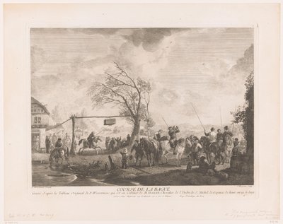 Ringeskilt på en landsbykro Cours de la bague (titel på objekt) Tryk efter malerier af Philips Wouwerman (serietitel) Oeuvres de Ph.pe Wouwermans Hollandois (serietitel) af Jean Moyreau