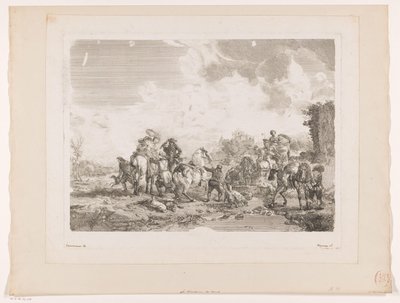 Hvilende jagtselskab ved et springvand La Fontaine de Venus Tryk efter malerier af Philips Wouwerman (serietitel) Oeuvres de Ph.pe Wouwermans Hollandois (serietitel) af Jean Moyreau