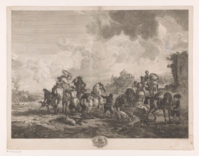 Hvilende jagtselskab ved et springvand La Fontaine de Venus Tryk efter malerier af Philips Wouwerman (serietitel) Oeuvres de Ph.pe Wouwermans Hollandois (serietitel) af Jean Moyreau
