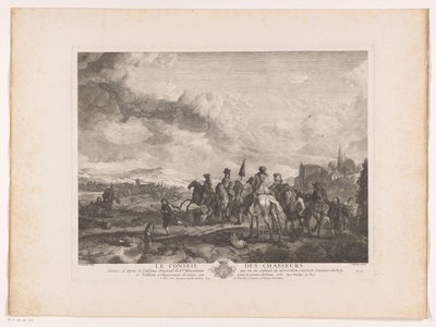 Hvilende jagtfest i et landskab Le Conseil des Chasseurs (titel på objekt) Tryk efter malerier af Philips Wouwerman (serietitel) Oeuvres de Ph.pe Wouwermans Hollandois (serietitel) af Jean Moyreau