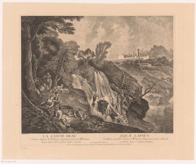 Rustende figurer ved en vandval Vandfaldet - Aquae Lapsus (titel på objekt) Værk af Antoine Watteau (serietitel) Værket af Antoine Watteau, maler for kongen i hans Royal Academy of Painting and Sculpture (...) (serietitel) af Jean Moyreau