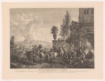 Hjemvendt jagtselskab Returner chasse et curée (titel på objekt) Tryk efter malerier af Philips Wouwerman (serietitel) Oeuvres de Ph.pe Wouwermans Hollandois (serietitel) af Jean Moyreau