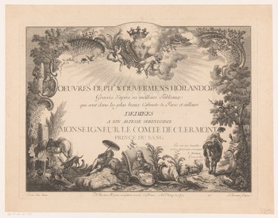 Titeltryk med figurer og dyr i et landskab, med portrættet af Philips Wouwerman Tryk efter malerier af Philips Wouwerman (serietitel) Oeuvres de Ph.pe Wouwermans Hollandois (serietitel på objekt) af Jean Moyreau