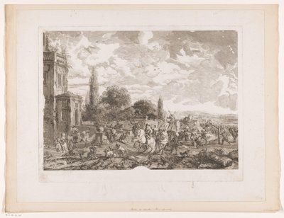 Afgående jagtselskab til et hus Partie de Chasse pour le Vol Tryk efter malerier af Philips Wouwerman (serietitel) Oeuvres de Ph.pe Wouwermans Hollandois (serietitel) af Jean Moyreau