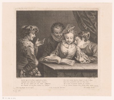 Syngende ung kvinde og tre unge mænd ved et bord Oeuvre af Antoine Watteau (serietitel) L