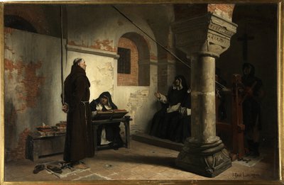 Bernard Delicieux (1260-1319) for inkvisitionens domstol - Maleri af Jean Paul (Jean-Paul) Laurens (1838-1921), olie på lærred, ca. 1881, 79x121 cm - (Bernard Delicieux for inkvisitionsdomstolen, Oil lærred af Jean Paul Laurens) - Sta af Jean Paul Laurens