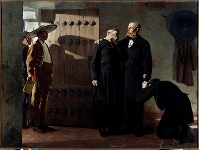Kejser Maximilian I (1832-1867) af Mexico før hans henrettelse den 19. juni 1867 Kongen trøstede en præst, inden han forlod sit fængsel. Maleri af Jean Paul Laurens (1838-1921) 1882 Sankt Petersborg. Eremitagemuseet. af Jean Paul Laurens