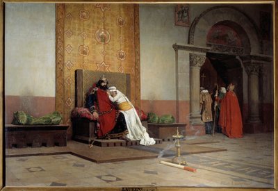Ekskommunikation af Robert II den Fromme i 998. Kongen af Frankrig, søn af Hugues Capet, forelsker sig og gifter sig med sin kusine Berthe af Bourgogne på trods af at pave Gregoire V., som også ekskommuniserer ham, er blevet fordømt. Maleri af Jean Paul La af Jean Paul Laurens